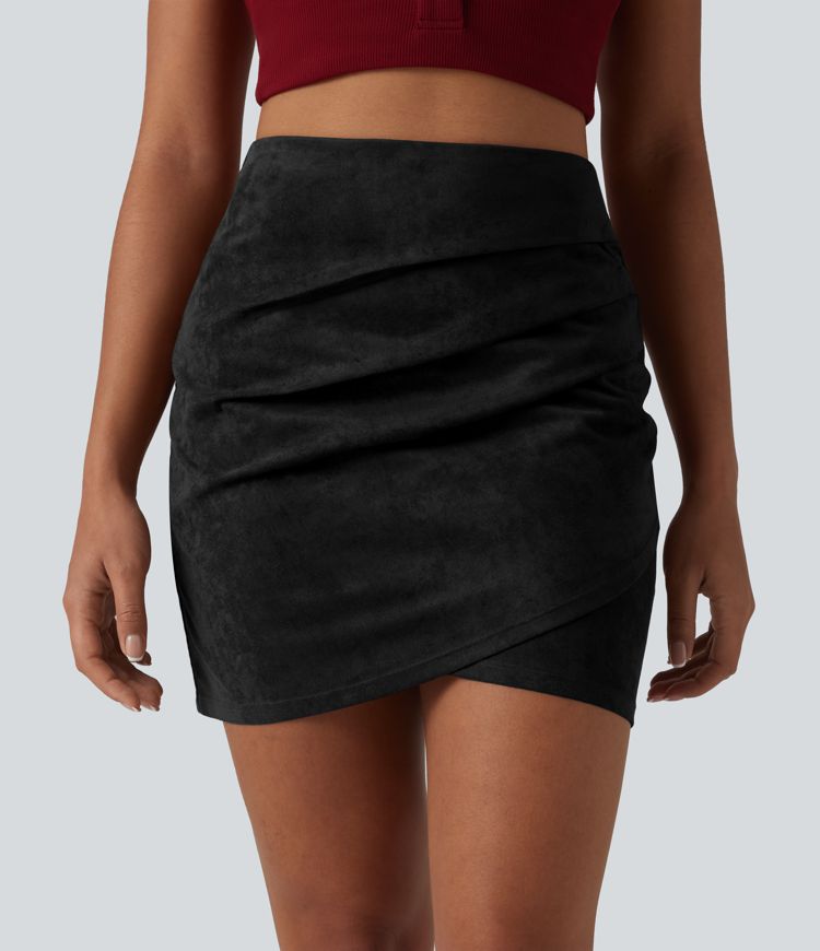High Waisted Ruched Crossover Hem Bodycon Mini Suede Casual Skirt-Longer Length