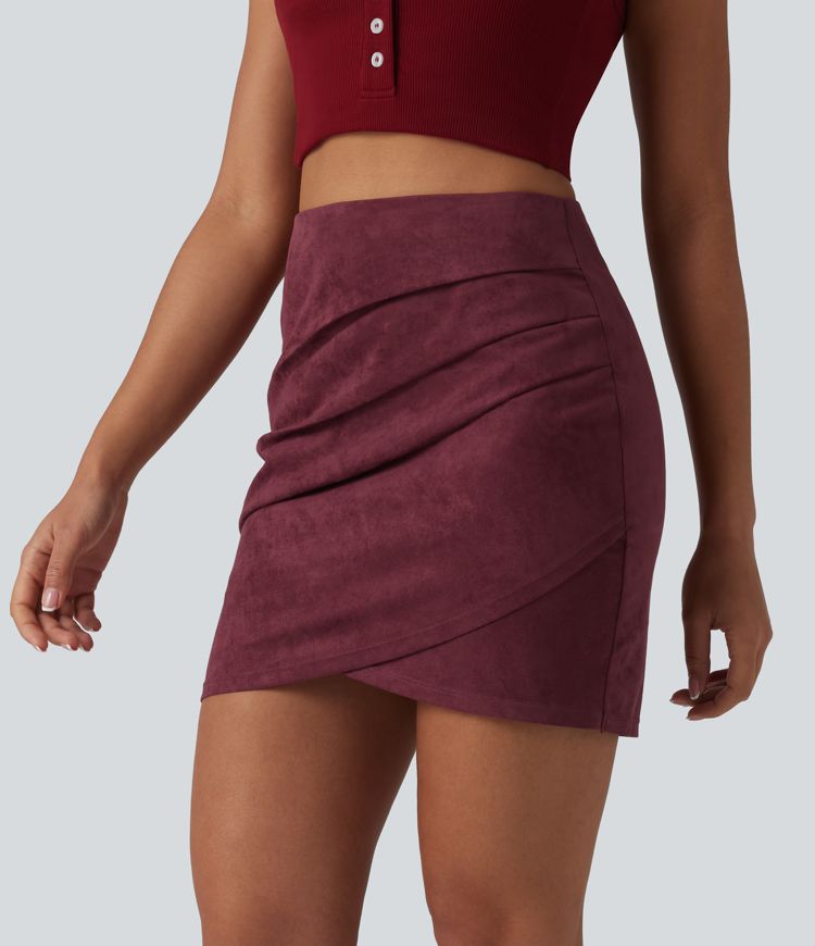 High Waisted Ruched Crossover Hem Bodycon Mini Suede Casual Skirt-Longer Length