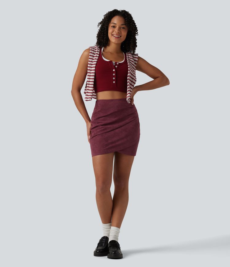 High Waisted Ruched Crossover Hem Bodycon Mini Suede Casual Skirt-Longer Length