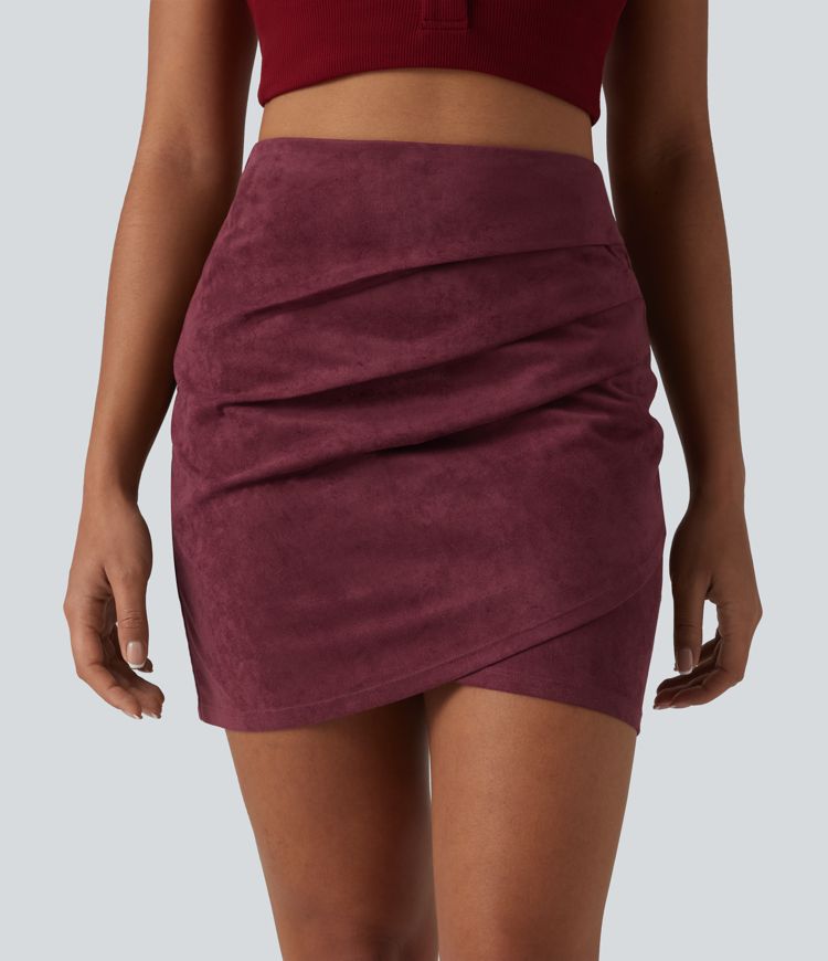 High Waisted Ruched Crossover Hem Bodycon Mini Suede Casual Skirt-Longer Length