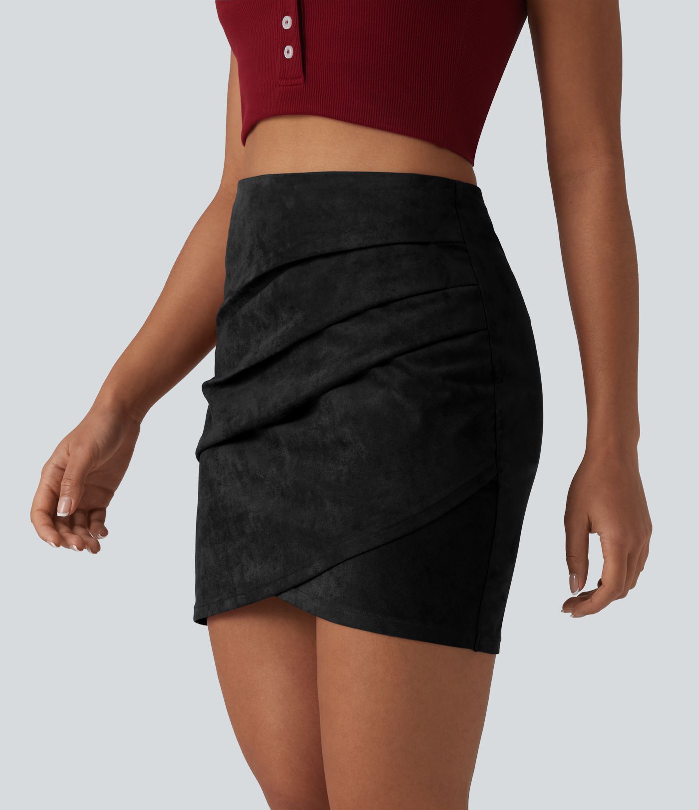 High Waisted Ruched Crossover Hem Bodycon Mini Suede Casual Skirt-Longer Length