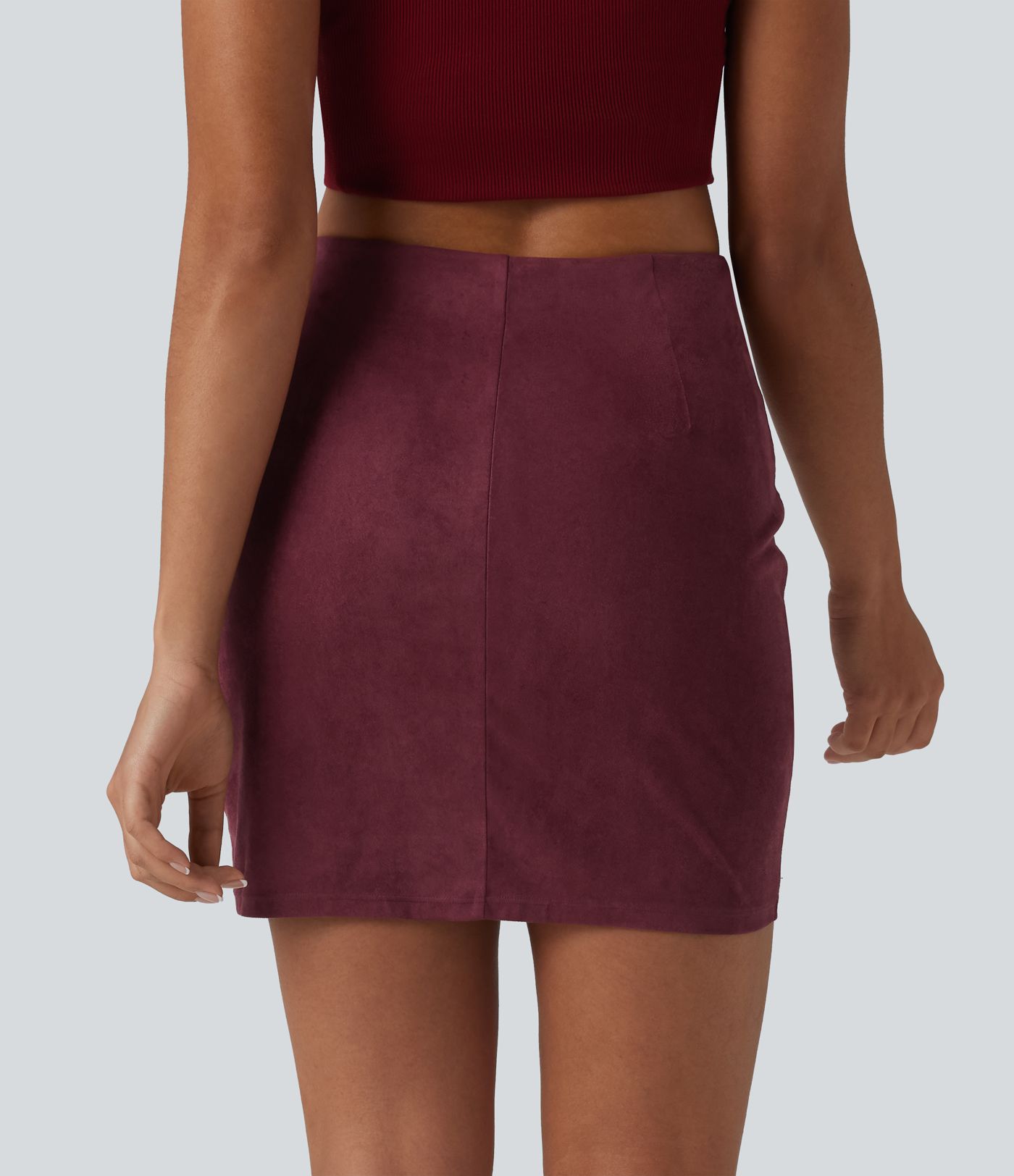 High Waisted Ruched Crossover Hem Bodycon Mini Suede Casual Skirt-Longer Length