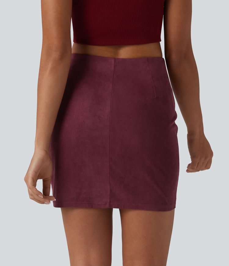 High Waisted Ruched Crossover Hem Bodycon Mini Suede Casual Skirt-Longer Length