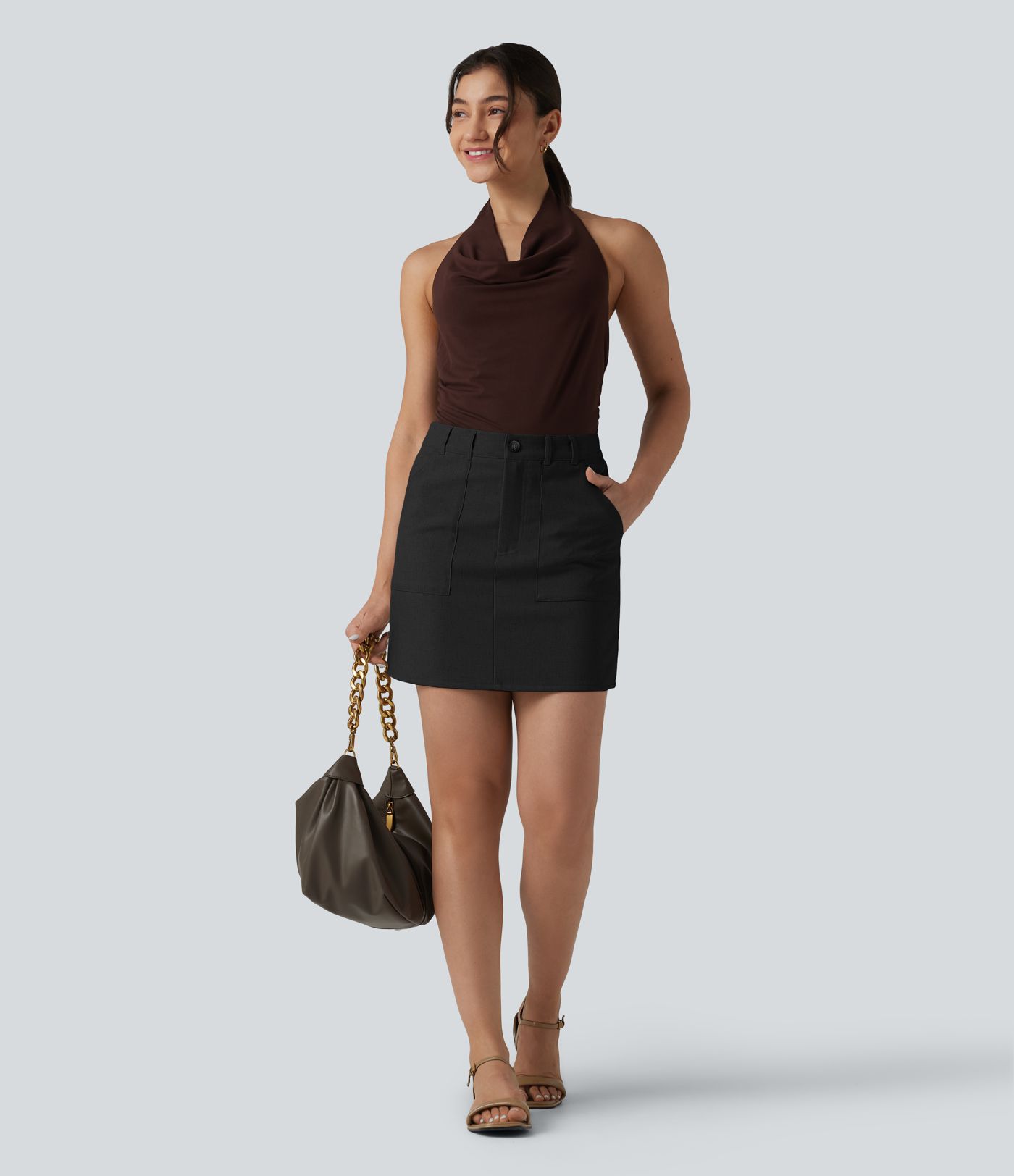High Waisted Mini Work Linen-Blend Skirt with Pockets