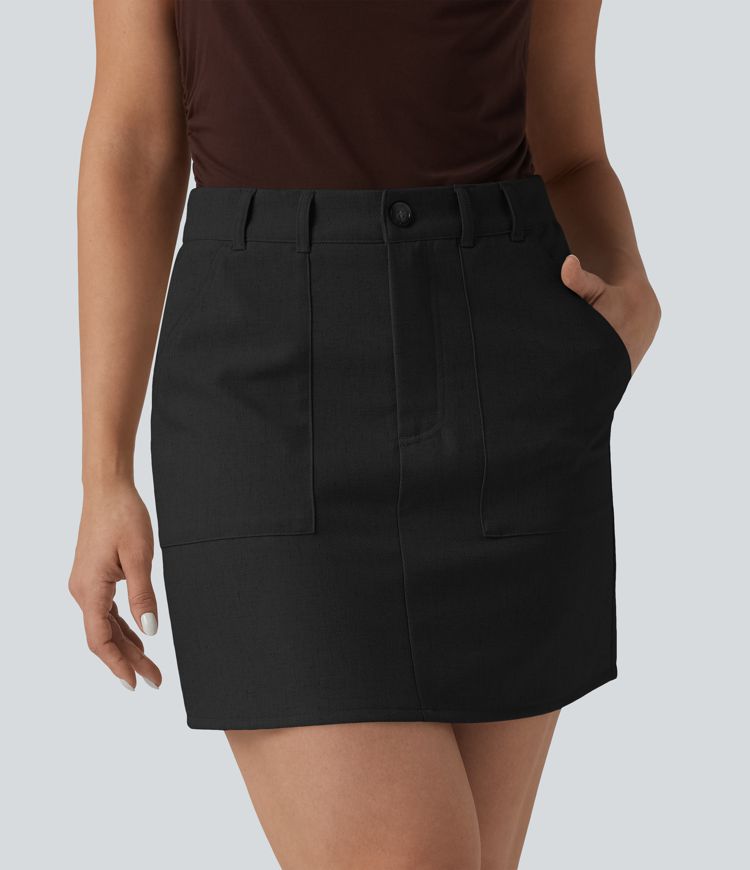 High Waisted Mini Work Linen-Blend Skirt with Pockets