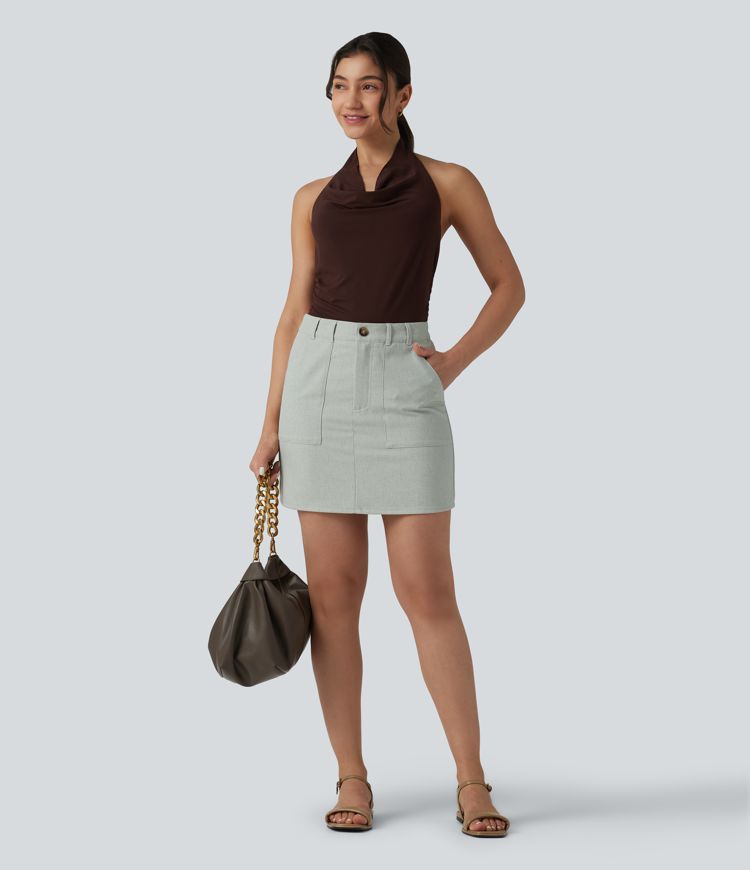 High Waisted Mini Work Linen-Blend Skirt with Pockets