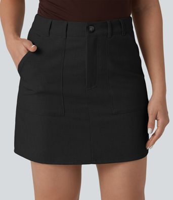 High Waisted Mini Work Linen-Blend Skirt with Pockets
