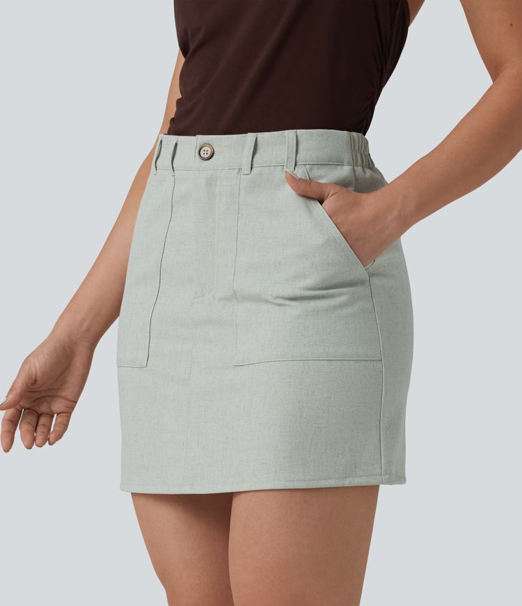 High Waisted Mini Work Linen-Blend Skirt with Pockets