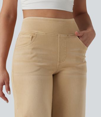 Halara Flex™ jean décontracté taille haute à jambe large, effet délavé coloré, avec poches