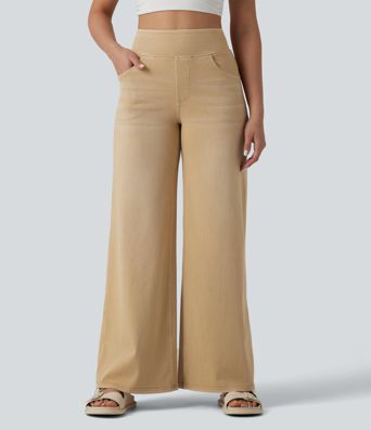 Halara Flex™ jean décontracté taille haute à jambe large, effet délavé coloré, avec poches