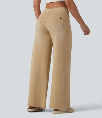 Halara Flex™ jean décontracté taille haute à jambe large, effet délavé coloré, avec poches