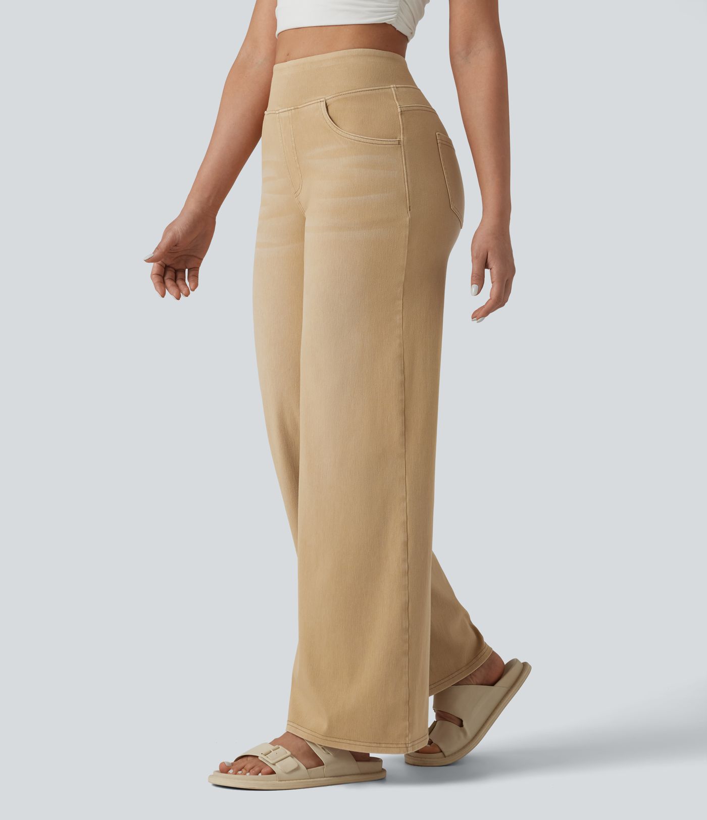 Halara Flex™ jean décontracté taille haute à jambe large, effet délavé coloré, avec poches