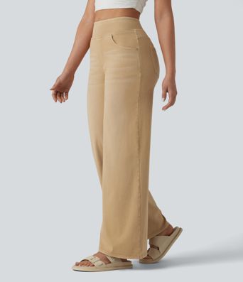 Halara Flex™ jean décontracté taille haute à jambe large, effet délavé coloré, avec poches