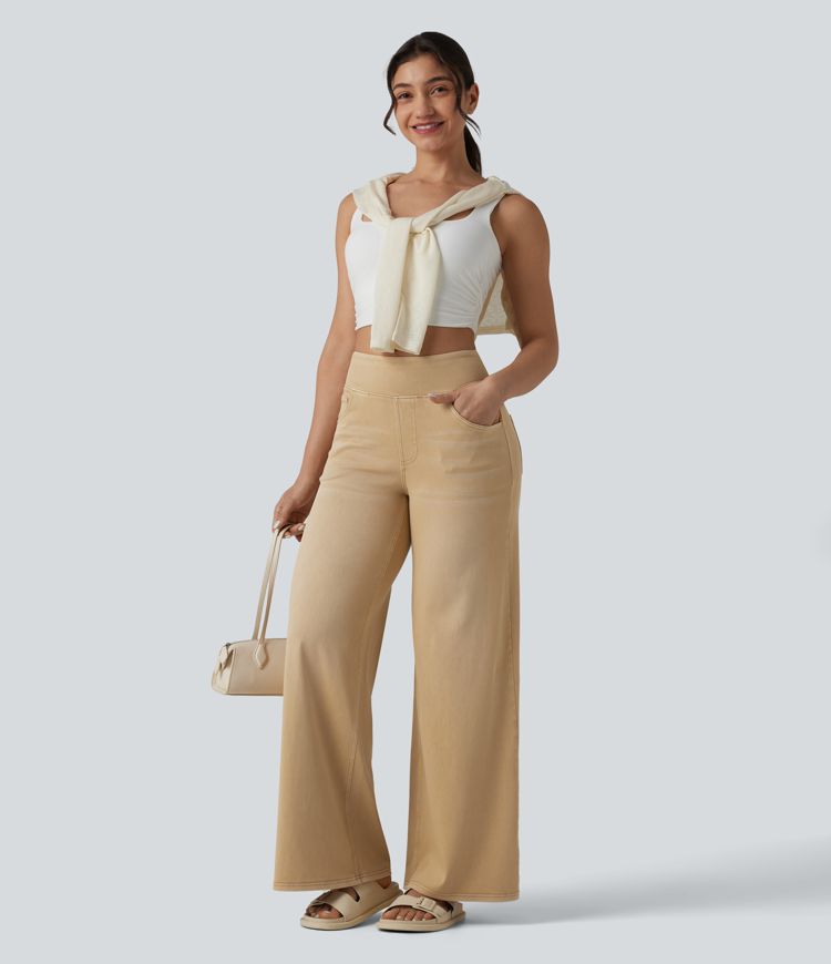 Halara Flex™ jean décontracté taille haute à jambe large, effet délavé coloré, avec poches