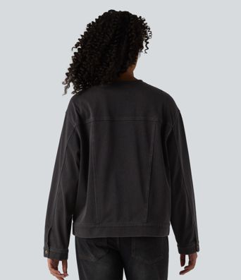 Halara Flex™ Round Neck Long Sleeve Denim Casual Jacket with Pockets