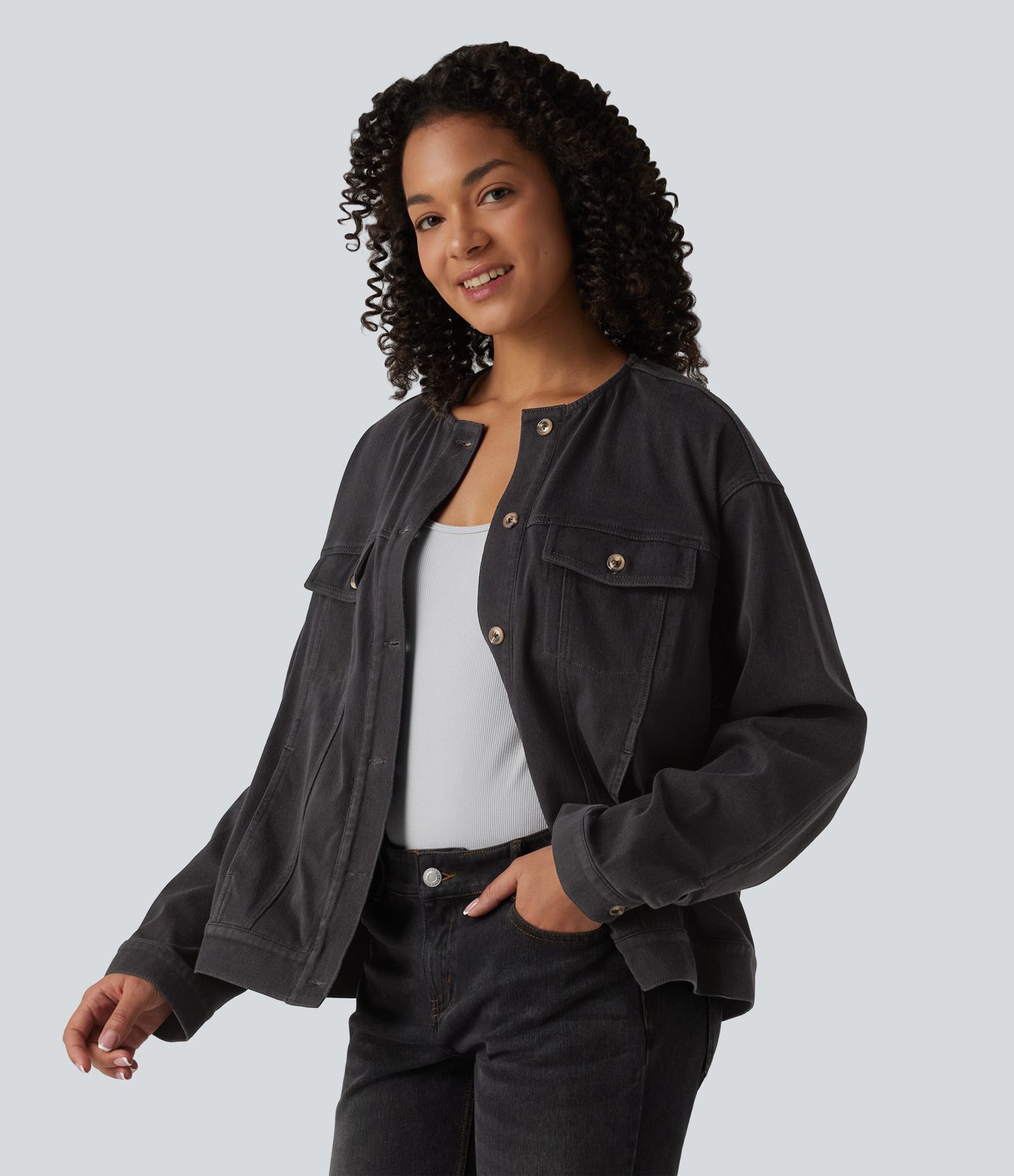 Halara Flex™ Round Neck Long Sleeve Denim Casual Jacket with Pockets