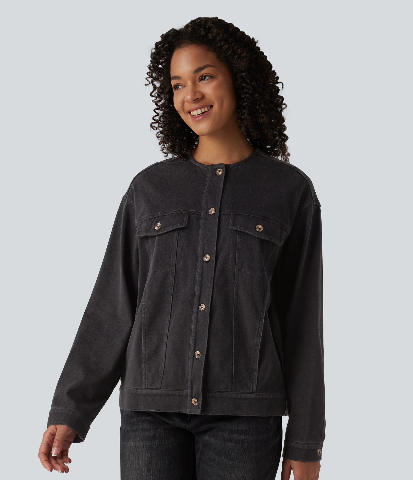 Halara Flex™ Round Neck Long Sleeve Denim Casual Jacket with Pockets