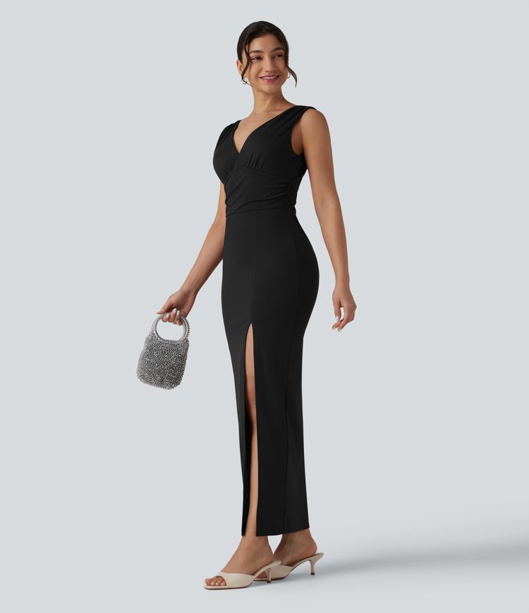 SculptKnit V Neck Built-in Bra Bodycon Maxi Dress