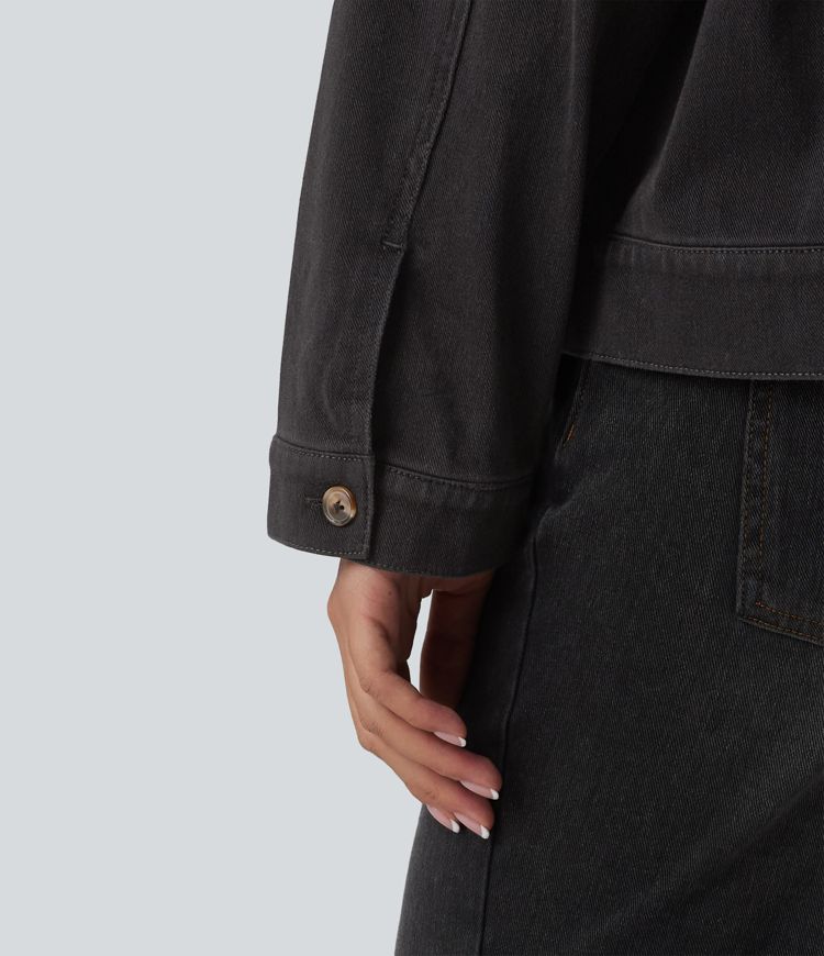 Halara Flex™ Round Neck Long Sleeve Denim Casual Jacket with Pockets