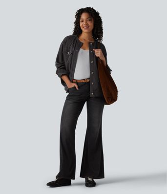 Halara Flex™ Round Neck Long Sleeve Denim Casual Jacket with Pockets