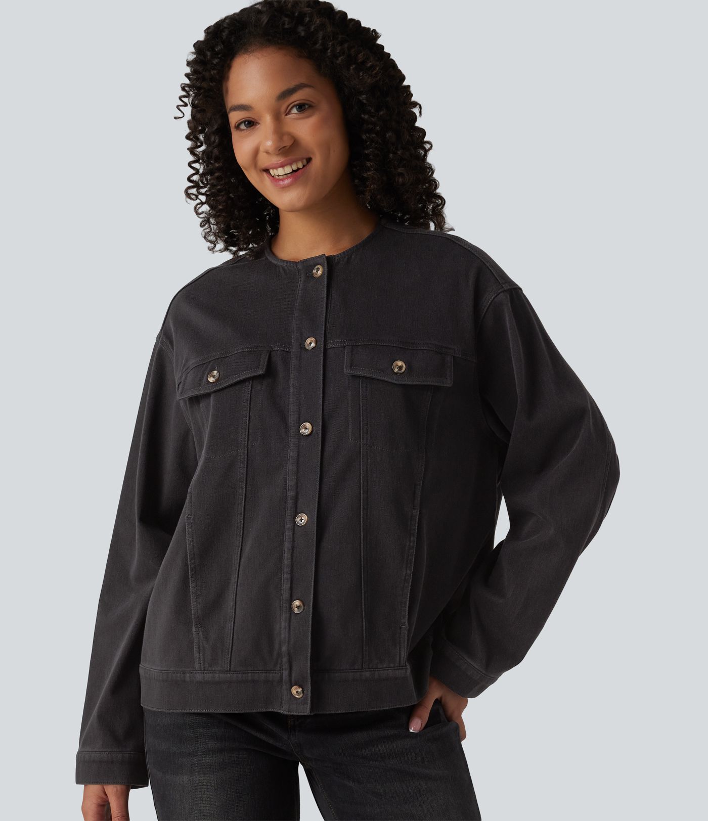 Halara Flex™ Round Neck Long Sleeve Denim Casual Jacket with Pockets