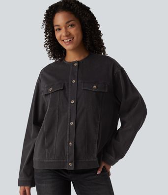 Halara Flex™ Round Neck Long Sleeve Denim Casual Jacket with Pockets