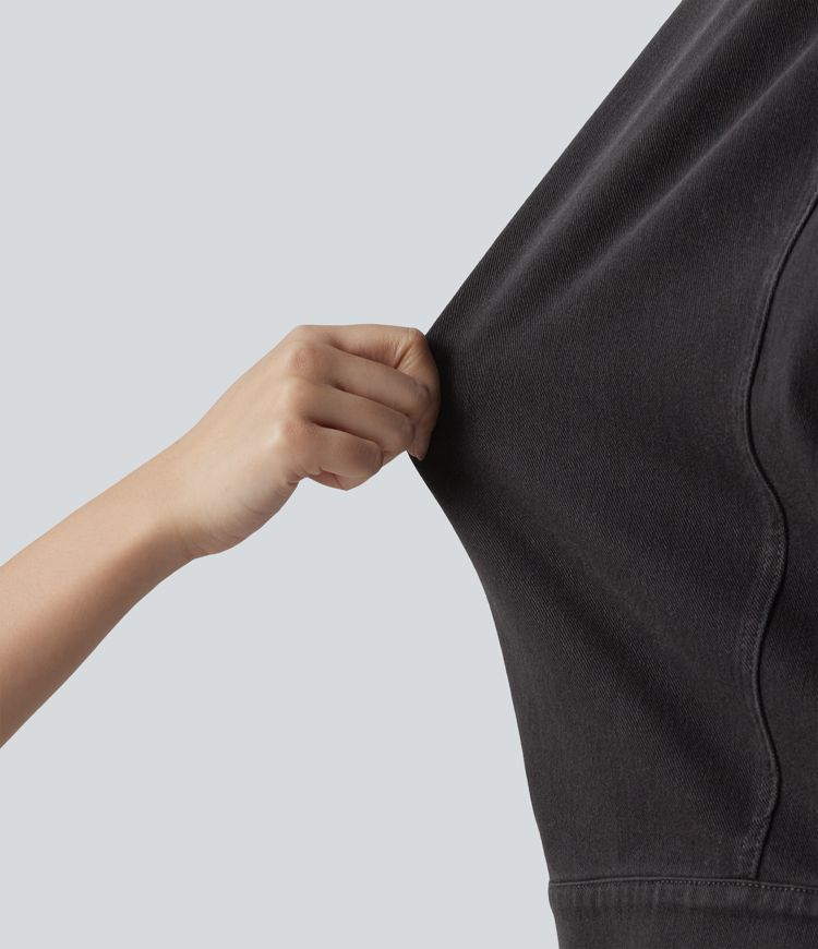 Halara Flex™ Round Neck Long Sleeve Denim Casual Jacket with Pockets