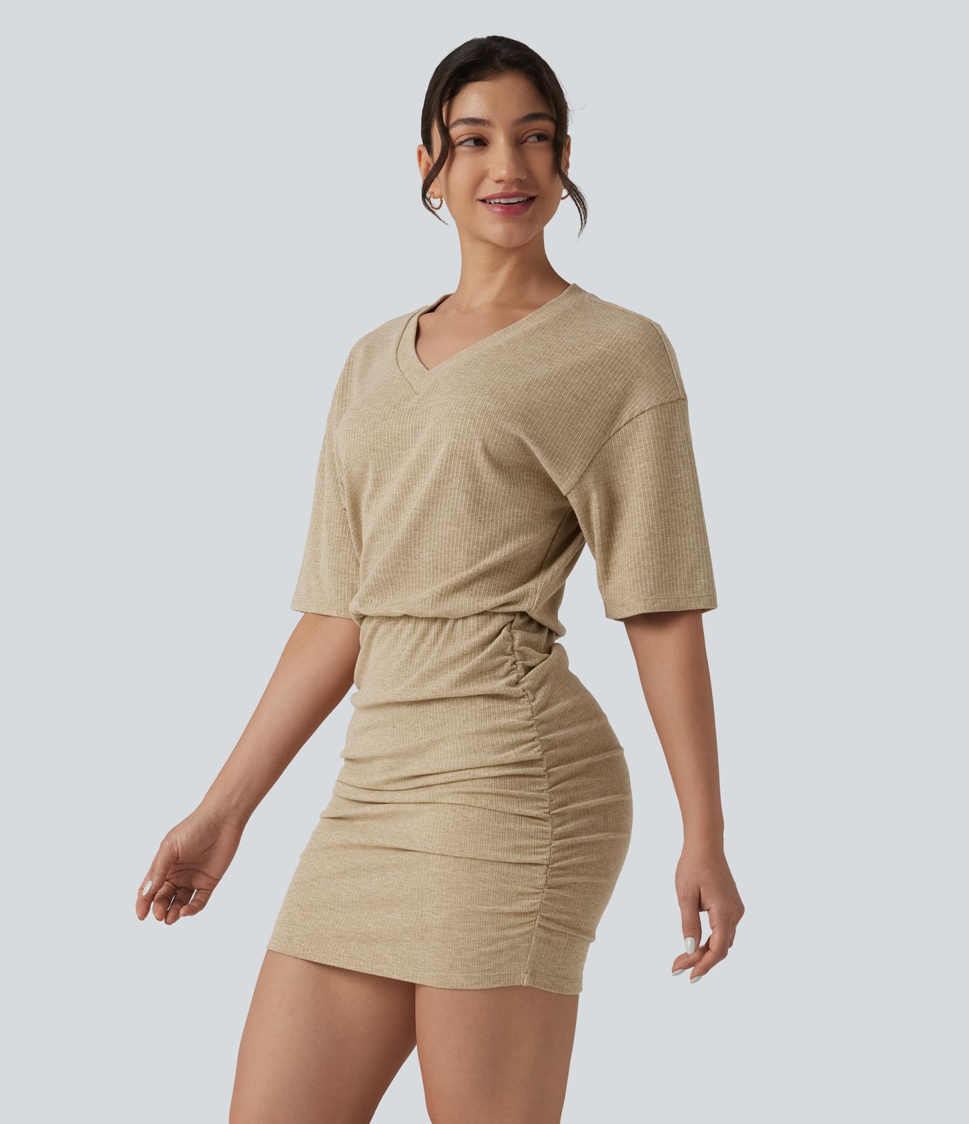Ribbed Knit V Neck Short Sleeve Ruched Bodycon Mini Casual Dress