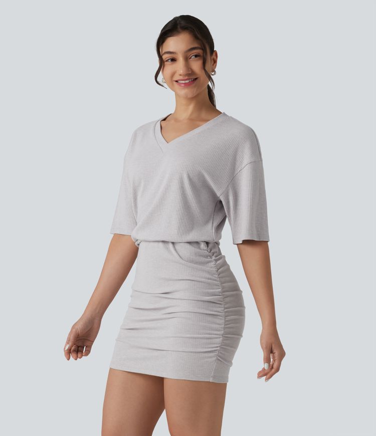 Ribbed Knit V Neck Short Sleeve Ruched Bodycon Mini Casual Dress