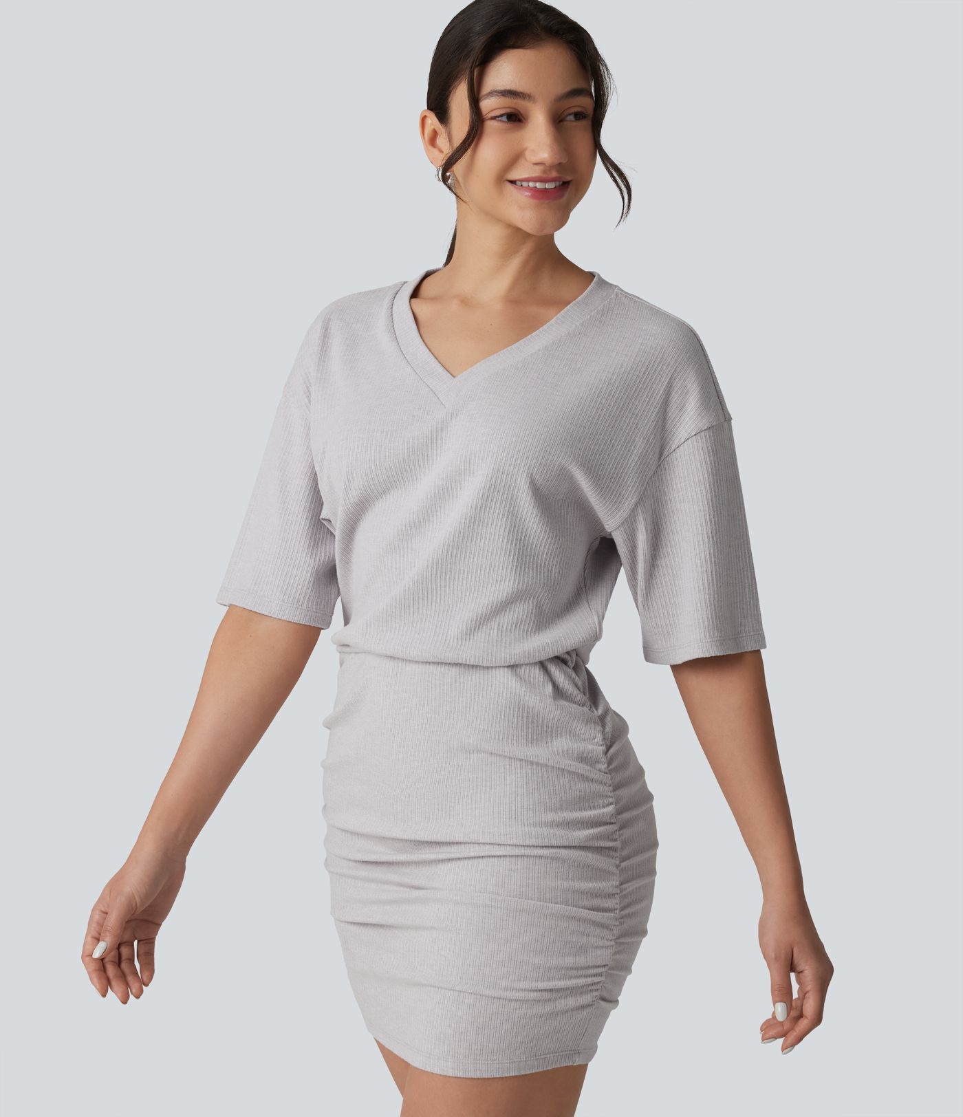 Ribbed Knit V Neck Short Sleeve Ruched Bodycon Mini Casual Dress