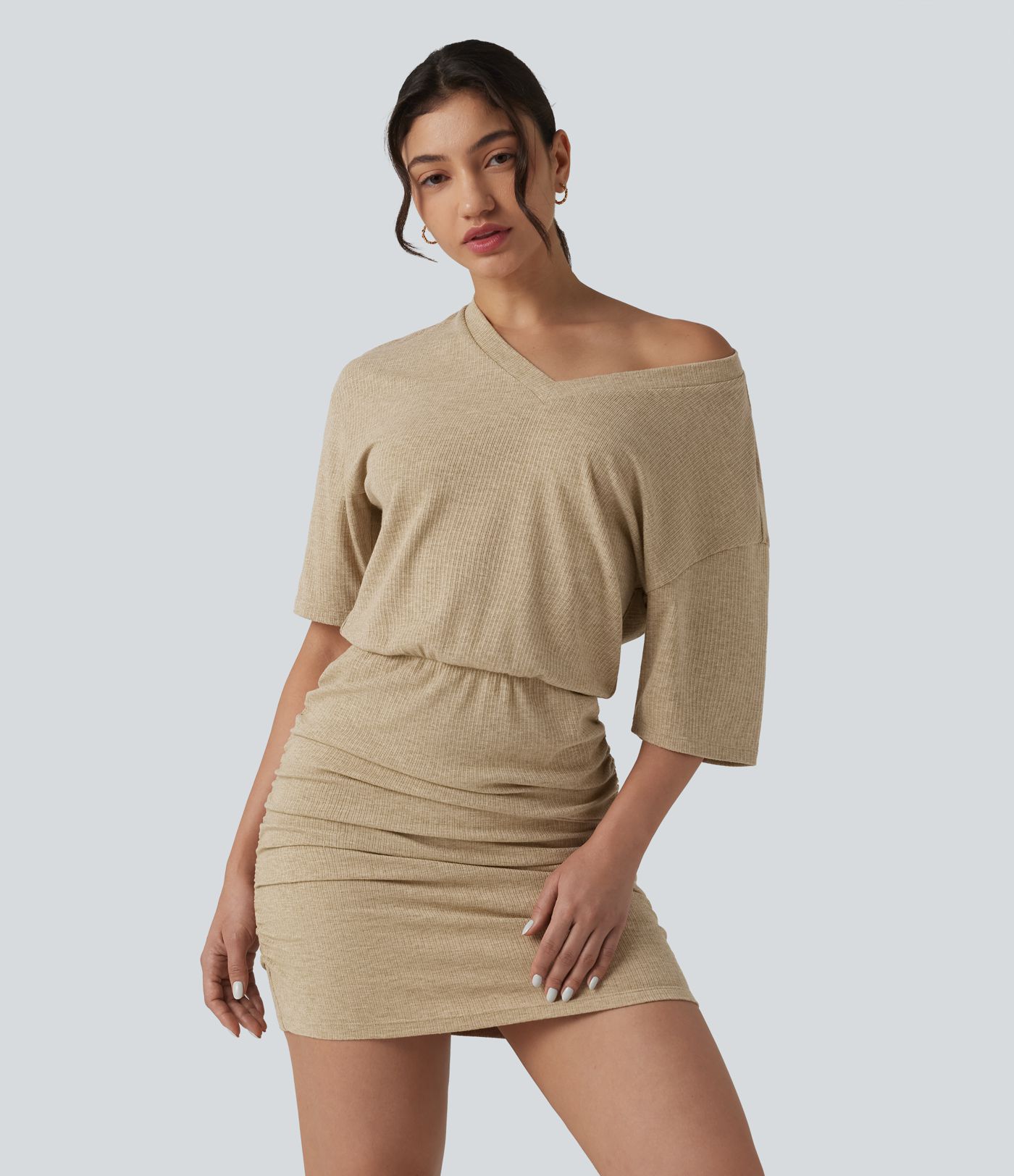 Ribbed Knit V Neck Short Sleeve Ruched Bodycon Mini Casual Dress