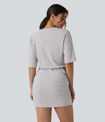 Ribbed Knit V Neck Short Sleeve Ruched Bodycon Mini Casual Dress