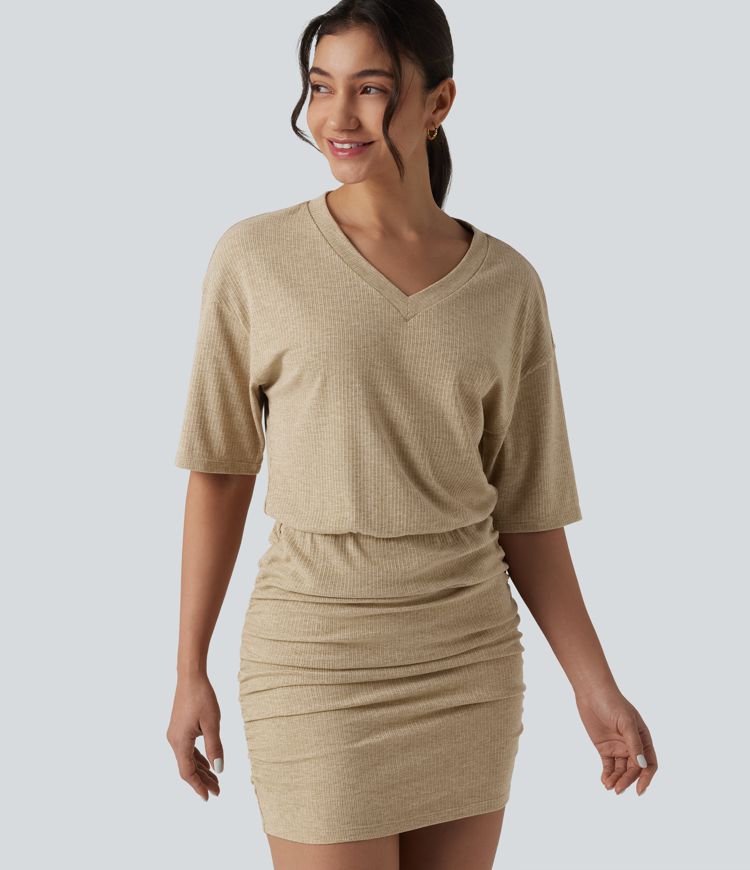 Ribbed Knit V Neck Short Sleeve Ruched Bodycon Mini Casual Dress