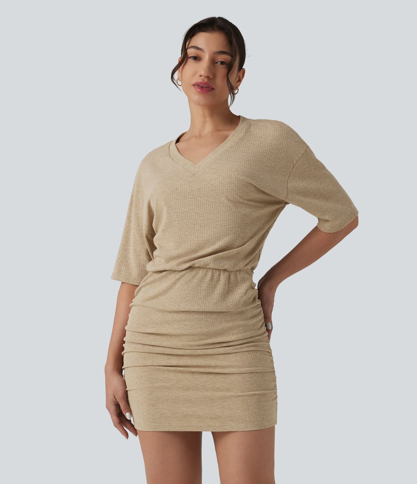 Ribbed Knit V Neck Short Sleeve Ruched Bodycon Mini Casual Dress