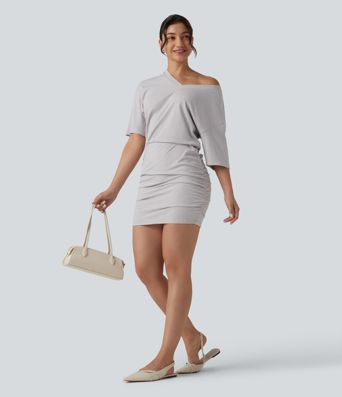Ribbed Knit V Neck Short Sleeve Ruched Bodycon Mini Casual Dress