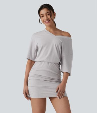 Ribbed Knit V Neck Short Sleeve Ruched Bodycon Mini Casual Dress
