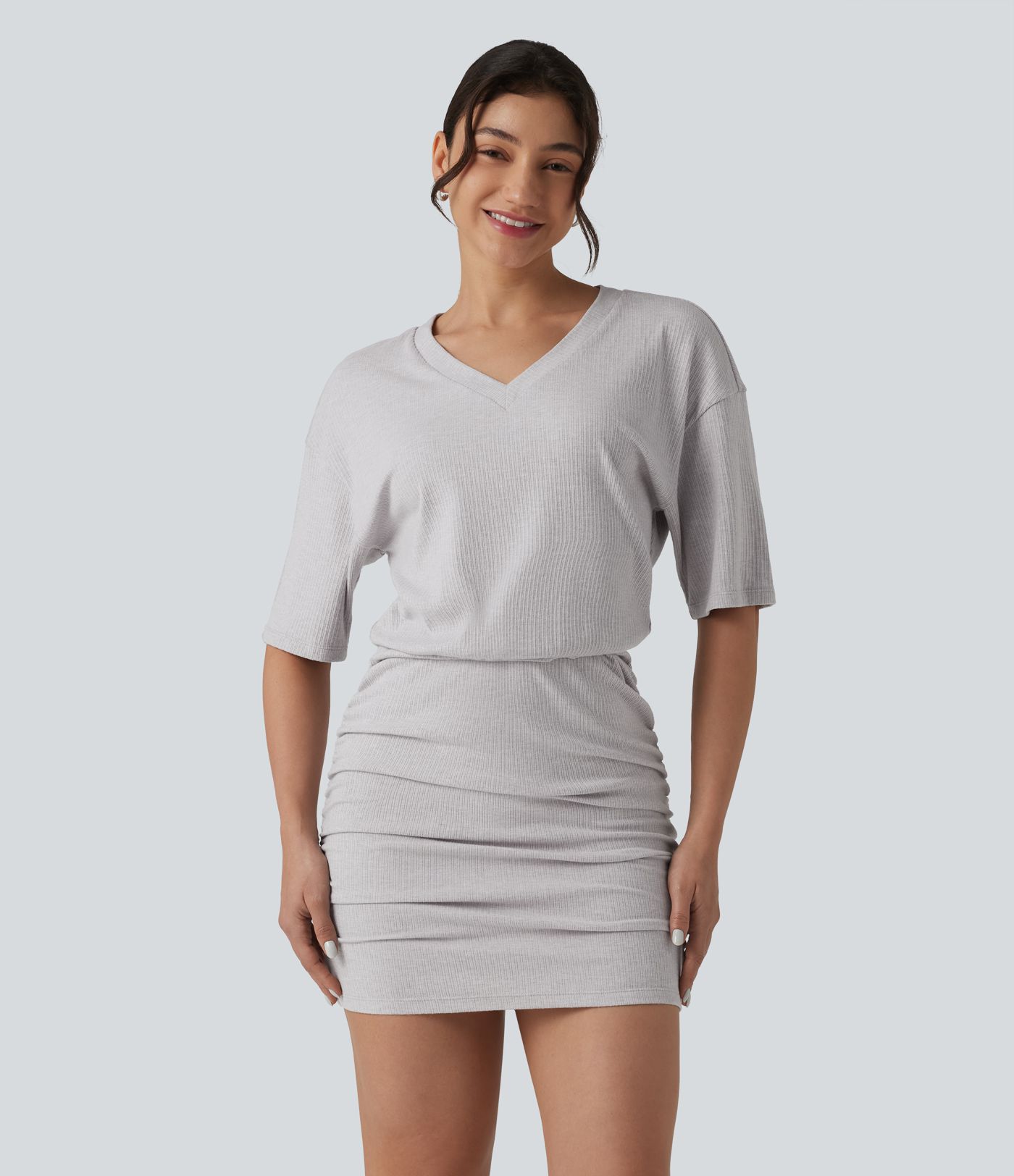Ribbed Knit V Neck Short Sleeve Ruched Bodycon Mini Casual Dress