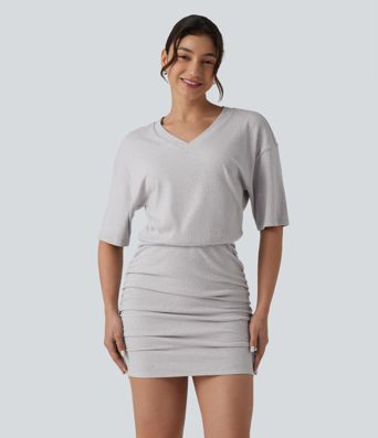 Ribbed Knit V Neck Short Sleeve Ruched Bodycon Mini Casual Dress