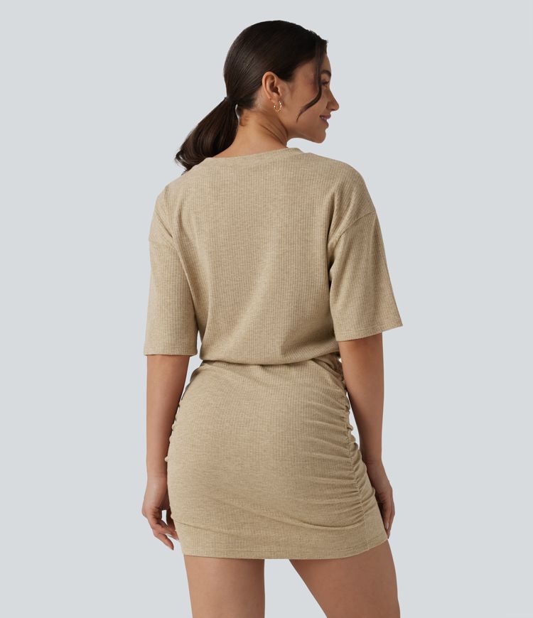 Semolina Ribbed Knit V Neck Short Sleeve Ruched Bodycon Mini Casual Dress / 1