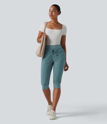 High Waisted Drawstring Tapered Travel Pedal Pushers Joggers with Zip Pockets
