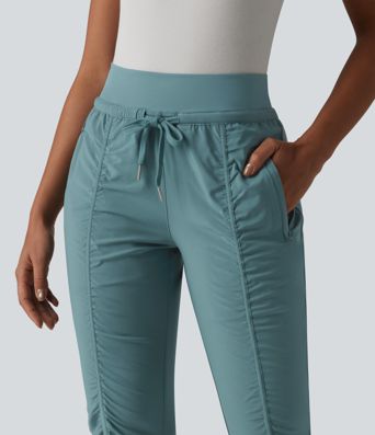 High Waisted Drawstring Tapered Travel Pedal Pushers Joggers with Zip Pockets
