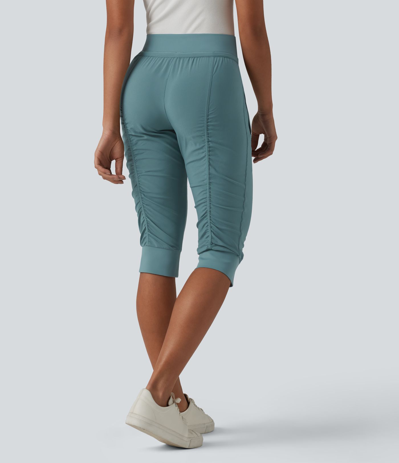 High Waisted Drawstring Tapered Travel Pedal Pushers Joggers with Zip Pockets