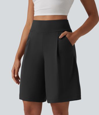 DayStretch High Waisted Pleated Work Bermuda Shorts 10'' with Pockets