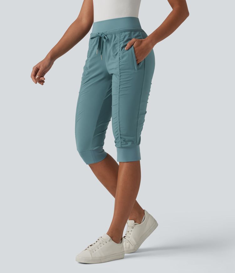 High Waisted Drawstring Tapered Travel Pedal Pushers Joggers with Zip Pockets