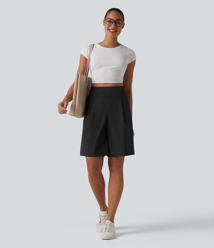 DayStretch High Waisted Pleated Work Bermuda Shorts 10'' with Pockets