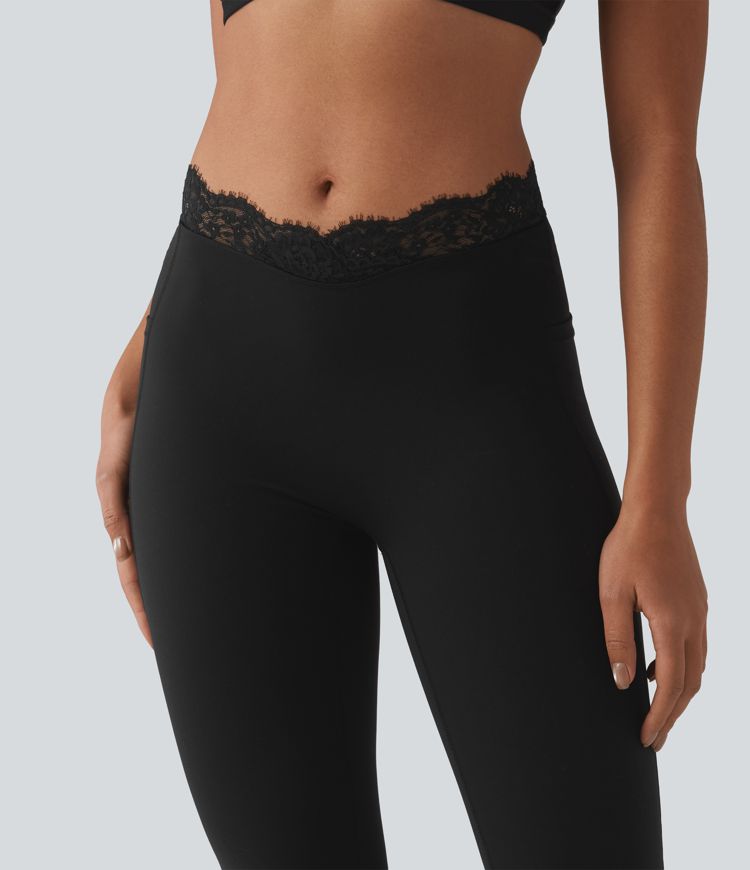 Halara UltraSculpt™ V-Shaped High Waisted Contrast Lace Yoga Flare Leggings with Pockets