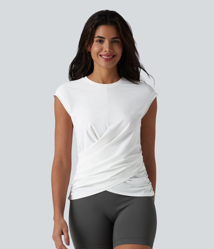 Haut de sport running col rond manches courtes ourlet croisé toucher frais séchage rapide UPF50+