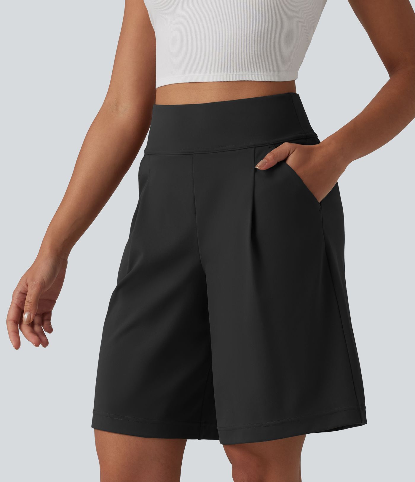 DayStretch High Waisted Pleated Work Bermuda Shorts 10'' with Pockets