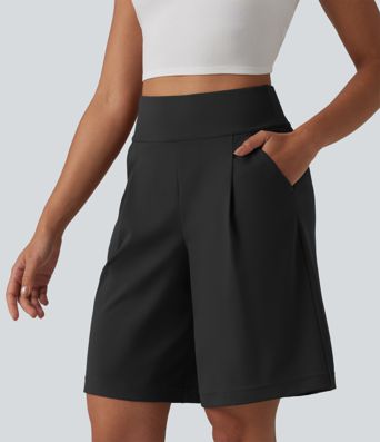 DayStretch High Waisted Pleated Work Bermuda Shorts 10'' with Pockets