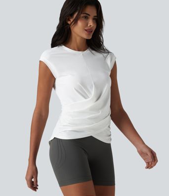 Haut de sport running col rond manches courtes ourlet croisé toucher frais séchage rapide UPF50+